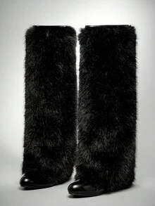 SHUZIA Women Fashion Furry Wadge Heel Winter Warm Comfortable Knee-High Boots For Christmas - Black - View 2