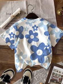 SHEIN T-shirt ample à manches courtes avec imprimé graphique, décontracté pour les préadolescentes, adapté pour l'été - Multicolore - Voir 3