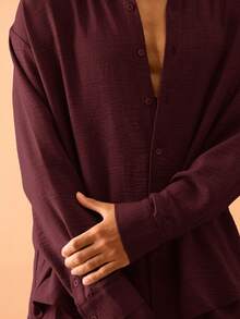 Musero Oversized Linen Button Through Long Sleeve Shirt Only Summer Smart Streetstyle Vacation Spring&Summer - Burgundy - View 4