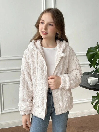 SHEIN Tween Girl Loose Fit Textured Fuzzy Pocket Zip-Up Hooded Jacka, Lämplig För Höst Vinter Avslappnad Vardagskläder, Mamma Och Jag Matchande, Chic Höst, Mor Dotter, Vardagskläder, Skola, Resor, Sport, Höst/Vinter, Fleece, Förtjockad Höst