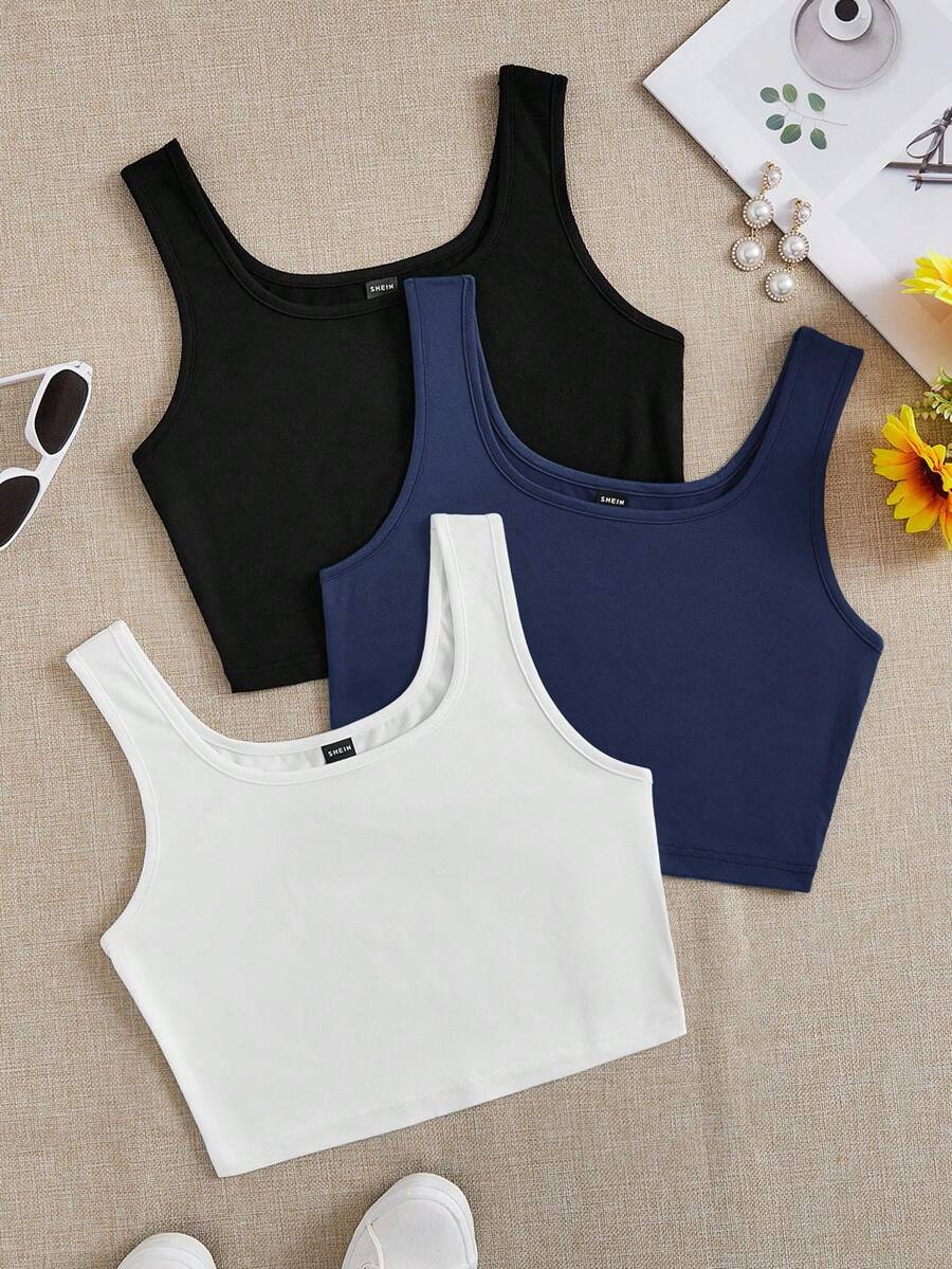 SHEIN EZwear 3pcs/Set Casual Minimalist Black & White Solid Color Versatile Fit Camisole And Tank Top, Suitable For Summer & Autumn, Plus Size - Multicolor - View 1