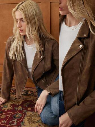 Écloséra 复古风优雅复古棕色时尚不对称领口四粒扣长袖PU拉链春秋女装薄外套复古女装秋装搭配商务都市外出夹克秋冬女装