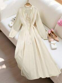 Franclia 女式休闲都市立领长袖长裙 - 米色 - 查看 1