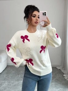 Elenzga Áo len chui đầu dệt kim thiết kế nơ jacquard ngọc trai thanh lịch dễ thương dành cho nữ mới - Màu be - Xem 1