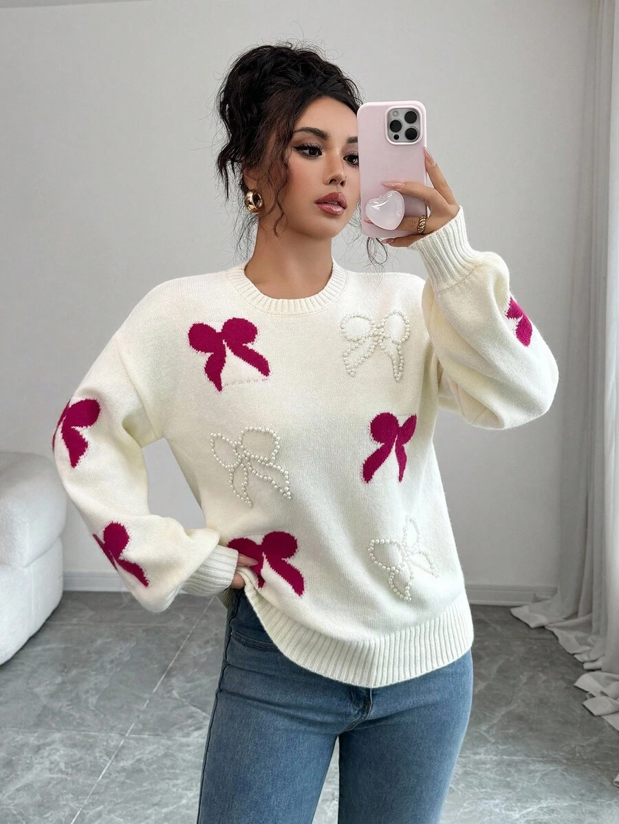 Elenzga Áo len chui đầu dệt kim thiết kế nơ jacquard ngọc trai thanh lịch dễ thương dành cho nữ mới - Màu be - Xem 1