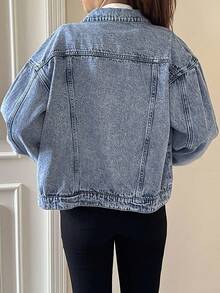 Vintage Washed Denim Blue Single-Breasted Loose BF Style Pleated Puff Sleeve Denim Jacket For Teen Girls, Fashionable & Versatile, Soft & Comfortable Fabric, Suitable For Spring, Autumn, Winter Daily Wear, Commuting, Travel - Medium Wash - View 2