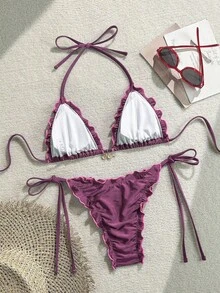 SHEIN Swim 2件套夏季度假闪亮纯色金色海星贝壳装饰挂脖荷叶边三角比基尼上衣和侧系带泳裤性感泳衣套装 - 中紫紅色 - 查看 2