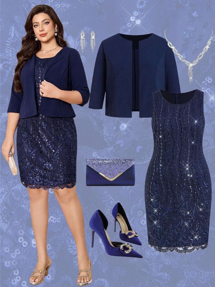 Ellevyn 大码优雅通勤纯色夹克和亮片连衣裙套装