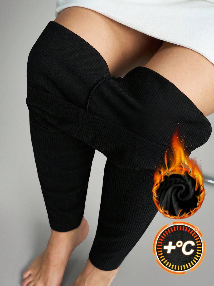 Comfylo Plus Size Women's Thermal Lined Long Leggings Work/Office Gym Fall Work/Office Gym Autumn High Stretch Ribbed Leggings Fall/Winter Chic Winter Thermal Lined Leggings