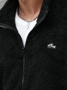 Manfinity Homme Sudadera con cremallera casual con forro térmico y estampado de letras, para hombre de talla grande, para otoño/invierno, de manga larga