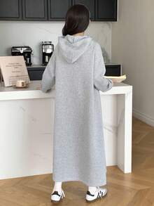 少女针织纯灰色英文图案印花连帽宽松长袖连衣裙卫衣连衣裙连帽衫连衣裙休闲连衣裙女装长款连帽衫连衣裙加州连衣裙