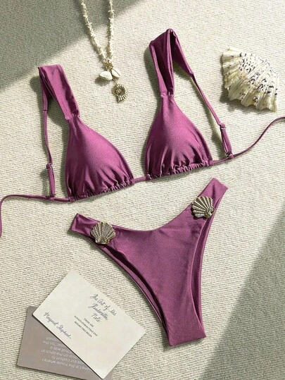 SHEIN Swim 2pcs/Set Summer Vacation Shiny Solid Color Thick Strap Golden Scallop Decor Triangle Cup Bra And High Cut Bikini Bottoms Sexy Swimsuit Set Bikini With Charm V Cut Bikini Modest Bikini Set Micro Bikini Set Solid Color Bikini Set