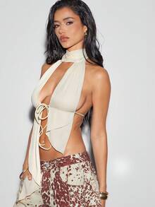 Denimoi Spring And Summer Solid Open Back Cut Out Sexy High Neck Mesh Halter Top, Backless Top, Vacation For Women, Summer For Women, Fashionable, Clubbing, Sexy Top - Apricot - View 4