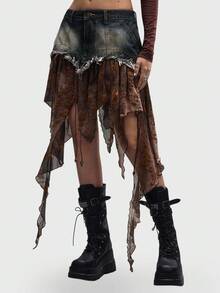 ROMWE Grunge Punk Váy denim mini dây rút họa tiết hoa Y2K Retro Punk Grunge viền bất đối xứng viền bèo nhún vát cho nữ - Nhiều màu - Xem 2