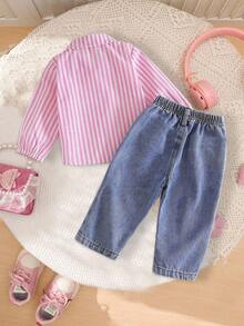 SHEIN Playful Pals 少女春秋条纹衬衫+卡通印花牛仔裤两件套，爱心蝴蝶图案装饰，舒适百搭的日常穿搭 - 粉色 - 查看 3