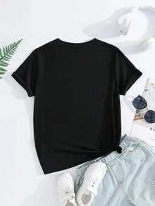 SHEIN 女童休闲时尚创意可爱卡通蓝兔露露贝壳兔珍珠图案女童简约短袖圆领T恤，适合所有季节，黑色T恤公主星 - 黑色 - 查看 2