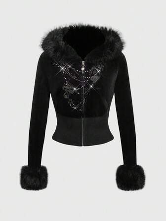 Grunge Punk Vintage Cross Chain Heart Rhinestone Velvet Patchwork Women Tight Elastic Cardigan Short Thin Jacket