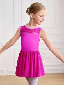 小女孩芭蕾舞裙，正面有水钻装饰，网眼拼布设计，学校比赛芭蕾舞裙，可爱的紫红色，蓬松下摆舞蹈紧身衣