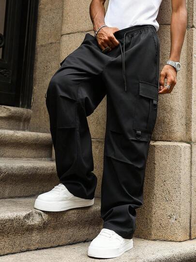 Major Grit Plus Size Men's Solid Color Drawstring Waist Pleated Loose Casual Cargo Pants, For Fall Streetwear Mens Baggy Black Cargos Men