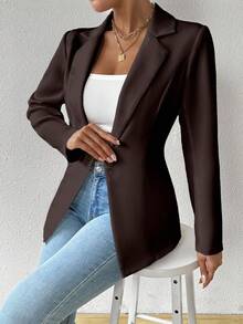 SHEIN Unity Women's Solid Color Lapel NeckLong Sleeve Single-Button Casual Blazer Jacket, Autumn - Mocha Brown - View 5