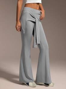 Hanevo Women's Grey Casual Sports Yoga 2 In 1 Fitted Long Flare Leggings - Light Grey - View 3