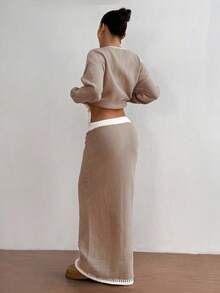 Flirla Set de 2 piezas: Cárdigan de punto de manga raglán con ajuste holgado y lazo en degradado, y minifalda de punto para otoño/invierno