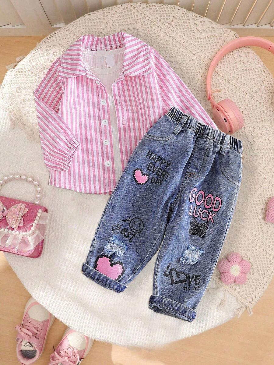SHEIN Playful Pals 少女春秋条纹衬衫+卡通印花牛仔裤两件套，爱心蝴蝶图案装饰，舒适百搭的日常穿搭