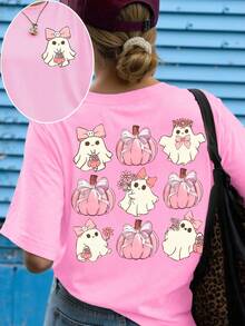 EMERY ROSE Plus Size Halloween T-Shirt, Plus Size Graphic Tee For Streetwear, Short Sleeve Cute Summer Top - Pink - View 1