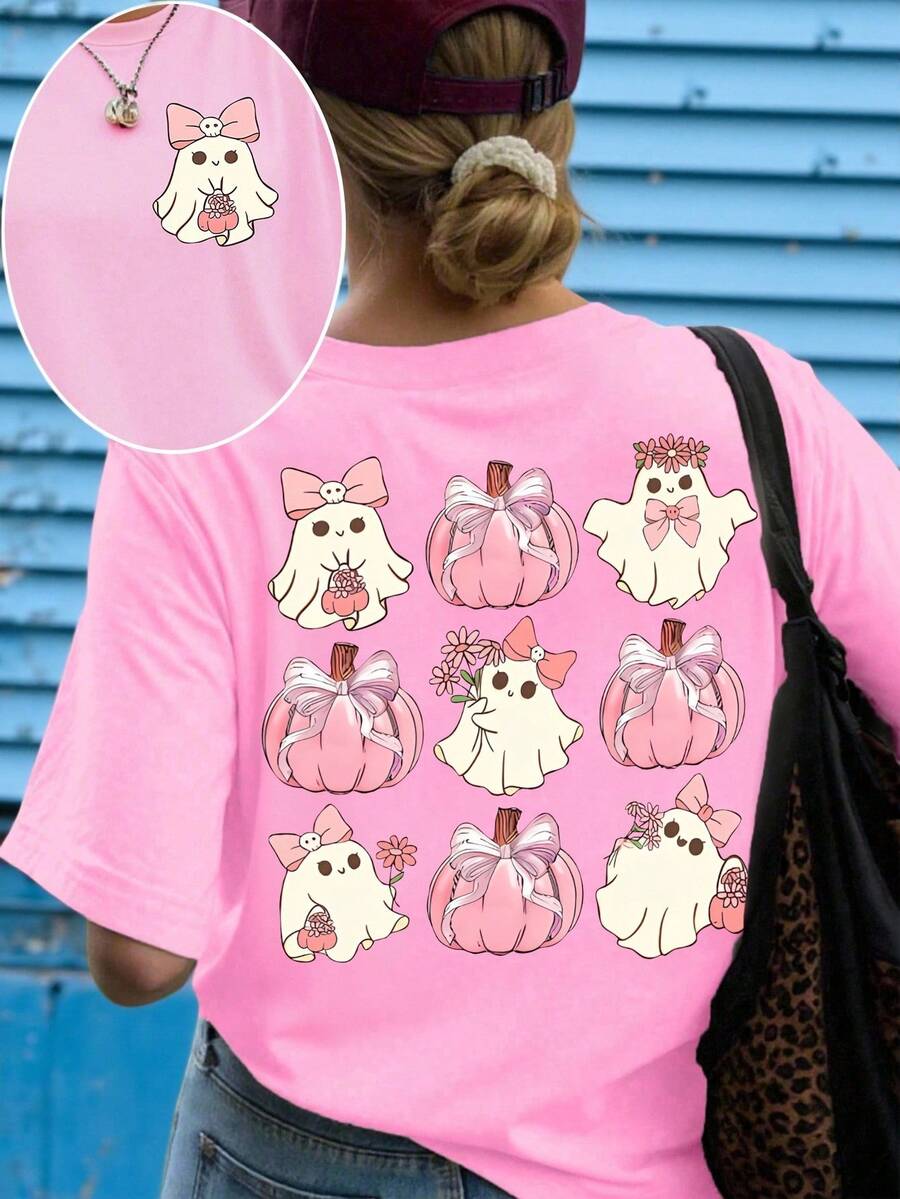 EMERY ROSE Plus Size Halloween T-Shirt, Plus Size Graphic Tee For Streetwear, Short Sleeve Cute Summer Top - Pink - View 1