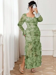 Modelyn Đầm lưới in hoa xẻ tà gợi cảm thanh lịch cho nữ - màu xanh lá - Xem 3
