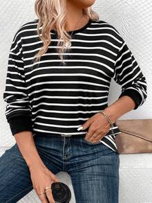 EMERY ROSE Women's Striped Pattern Print Crew Neck Long Sleeve Casual Versatile Plus Size T-Shirt, Autumn/Winter - Multicolor - View 4