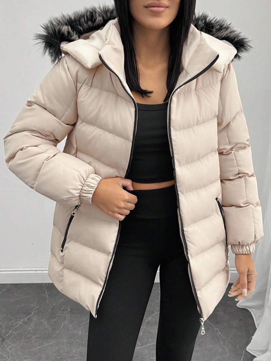 EURMUSE Zip Up Slant Pocket Padded Coat With Fuzzy Trim Fur Hood - Brown - View 1