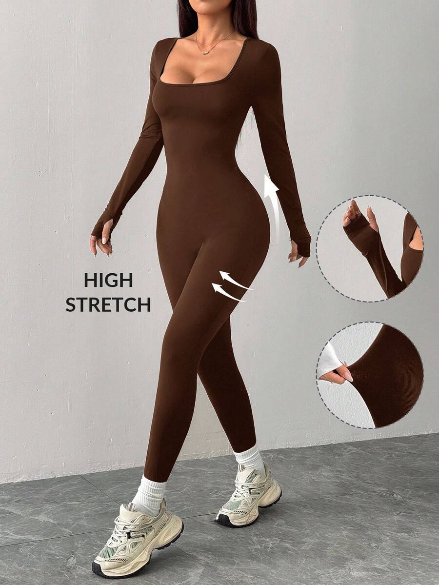 SHEIN PETITE Black Knitted Square Neck Tight Casual Sports Yoga Jumpsuit,Fall - Brown - View 1