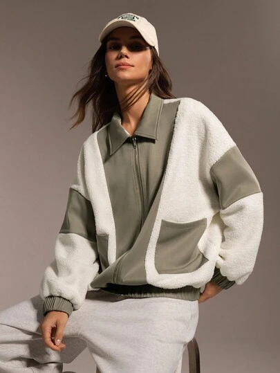 Hanevo Women's Casual Plush Patchwork Jacket With Pockets, Streetwear Outerwear For Autumn And Winter