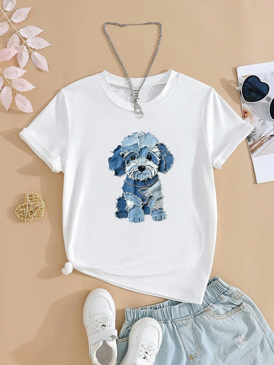 1pc Girls Cute Puppy Patchwork Print White Short Sleeve T-Shirt, Comfortable & Fashionable, Suitable For Students And Young Girls, All Seasons Girls Graphic Tee Cute Graphic Tees Cute T Shirt Puppy T Shirt Dog T Shirt