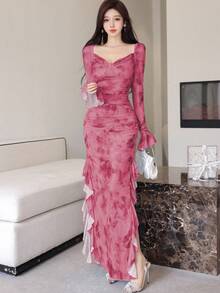 Modelyn Women Mesh Print Ruffle Hem Split Hem Elegant Sexy Dress Fall Cloth For Women - Hot Pink - View 7