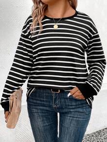 EMERY ROSE Women's Striped Pattern Print Crew Neck Long Sleeve Casual Versatile Plus Size T-Shirt, Autumn/Winter - Multicolor - View 5