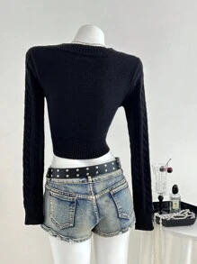 SHEIN Unity Women Casual Solid Color V-Neck Fitted Cropped Cable Knit Pullover Sweater Knit Pullover Fall Winter - Black - View 2
