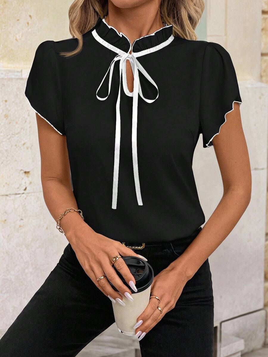 Solivie Fitted Women's Contrast Color Short Sleeve Blouse Summer For Women Teacher For Women Tie Neck Shirts Country Women Summer Women - Black - View 1