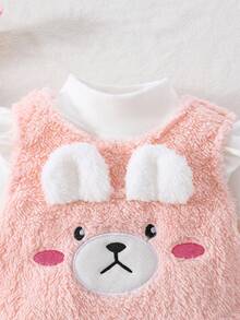 Baby Girls Cute Teddy Bear Pattern Embroidered Bib Pants And Knitted Turtleneck Long Sleeve Top Set, Autumn/Winter Fall - Pink - View 9