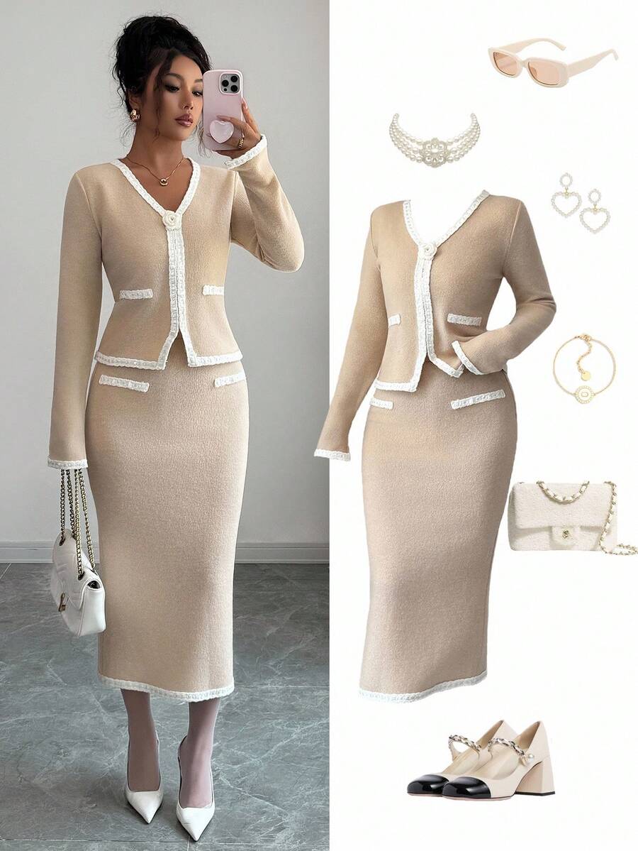 Elenzga Damen Herbst/Winter Neue Bequeme Strick Khaki V-Ausschnitt Langarm Patchwork Hochwertige Spitze 3D Rose Eleganter Elastischer Bund Vielseitiger Einfacher Pullover & Rock Business Lässig Chic Outfit - Khaki - Übersicht 1