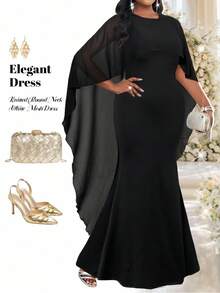 Fleurora 2025新款服装春夏秋冬大码针织圆领白色网纱拼接披肩修身收腰长款鱼尾大码连衣裙秋季女装婚礼宾客礼服女 - 黑色 - 查看 5