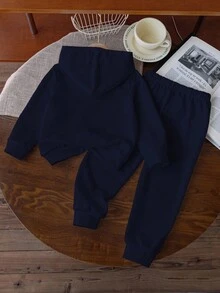 2pcs/Set Young Boys Navy Blue Hooded Sweatshirt And Knit Pants, Casual Sports Running Street Suit, Suitable For Autumn/Winter, Basic Outfit For Young Boys Boys Navy Blue Tracksuit Set Boys Casual Outfit Set Boys Two Piece Hoodie And Pants Set Toddler Boy Clothes Set Boys Autumn Winter Set Fall - Royal Blue - View 3