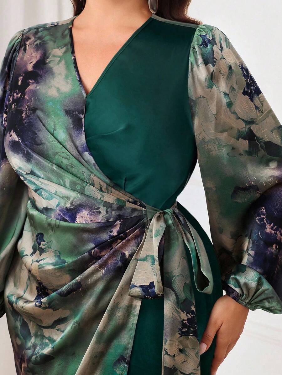 Modelyn Plus Size Damklänning med Blommigt Tryck och Sidoknut, Lanternärm - Multifärgad - Visa 1