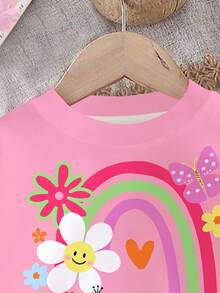 SHEIN Baby Mädchen Lässig Süß Floral, Gesicht, Regenbogen, Insekt, Schmetterling Muster Weich Dick Rundhals Langarm Sweatshirt und Leggings Set, geeignet für Herbst/Winter