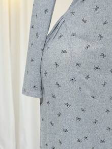 Modelyn Plus Size Long Sleeve Bow Print Casual Summer Dress - Grey - View 7