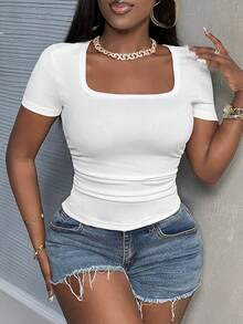 Slaydiva Casual Loose Fit Square Neck Plus Size T-Shirt, Suitable For Summer Suitable For Going Out - White - View 1