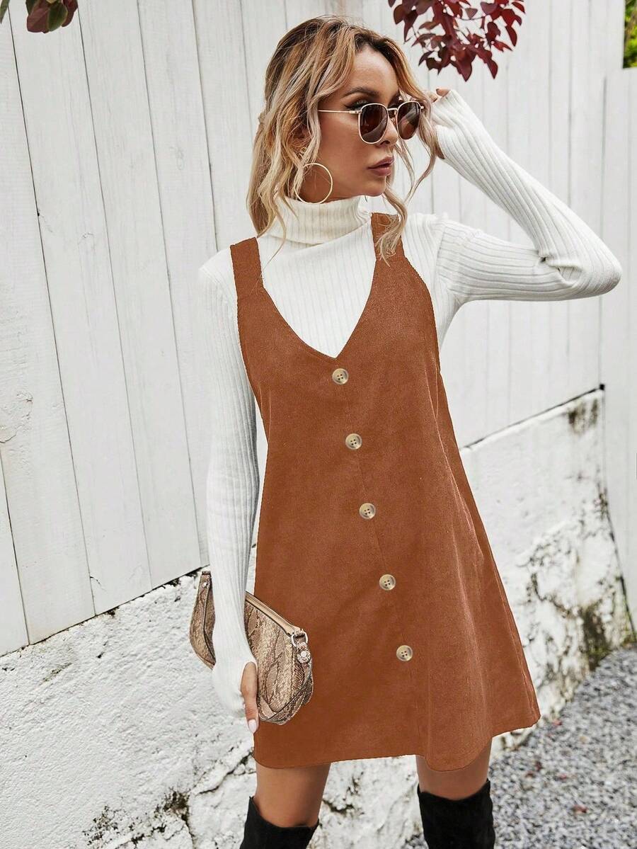 EMERY ROSE Women's Casual Brown Corduroy Button Front Autumn Dress - Rust Brown - View 1
