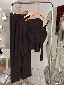 Franclia 3 PiecesCasual Everyday Matching Camisole, Cardigan, And Elastic Waist Straight Pants Knit Set, Apricot Color, Autumn/Winter Fall Cloth For Women - Mocha Brown - View 2