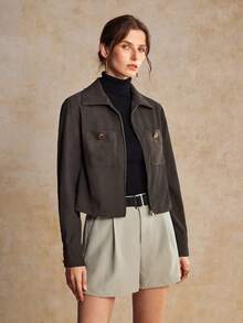 House of One Quần short xếp ly dệt trơn có thắt lưng đen dành cho nữ mặc thường ngày mùa thu - Màu Khaki - Xem 3